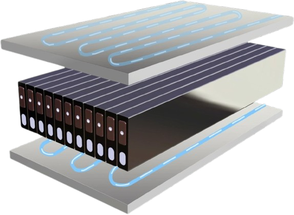 Cooling plates above and below the battery cells